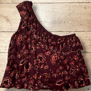 AEROPOSTLE Floral Ruffle Flowy One Shoulder Top Maroon Orange Black Womens L